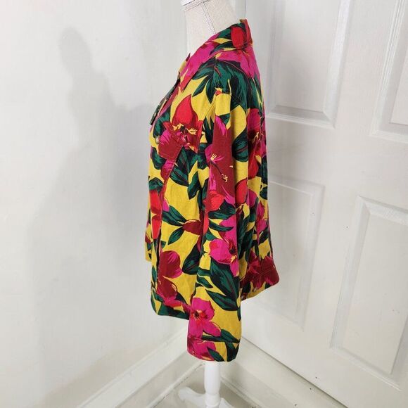 Tahari Jacket Womens 1X Yellow Pink Bright Floral Linen Resort Cruise Tropical - Picture 3 of 12